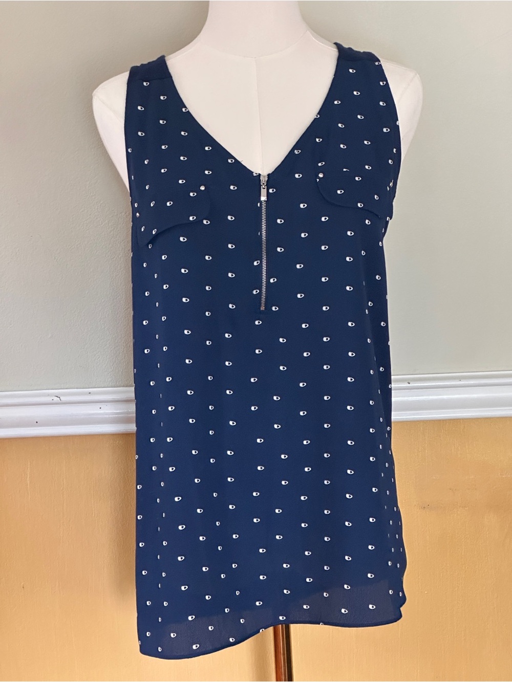 Navy Zip-Front Polka Dot V-Neck Camisole